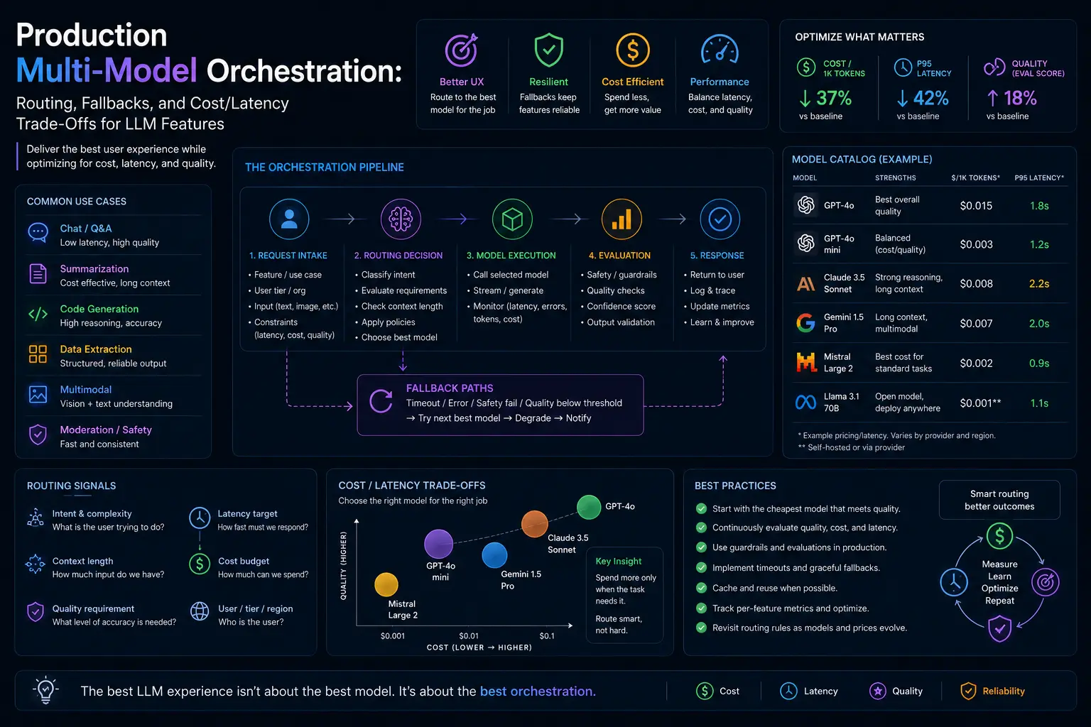 Production Multi‑Model Orchestration: Routing, Fallbacks, and Cost/Latency Trade‑Offs for LLM Features